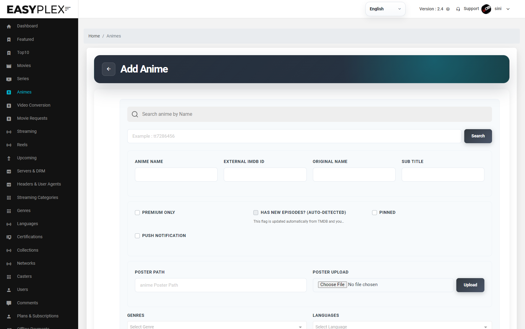Current EasyPlex 2.4 Add Anime form