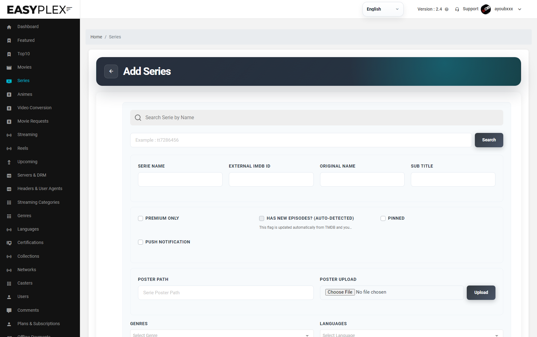 Current EasyPlex 2.4 Add Series form