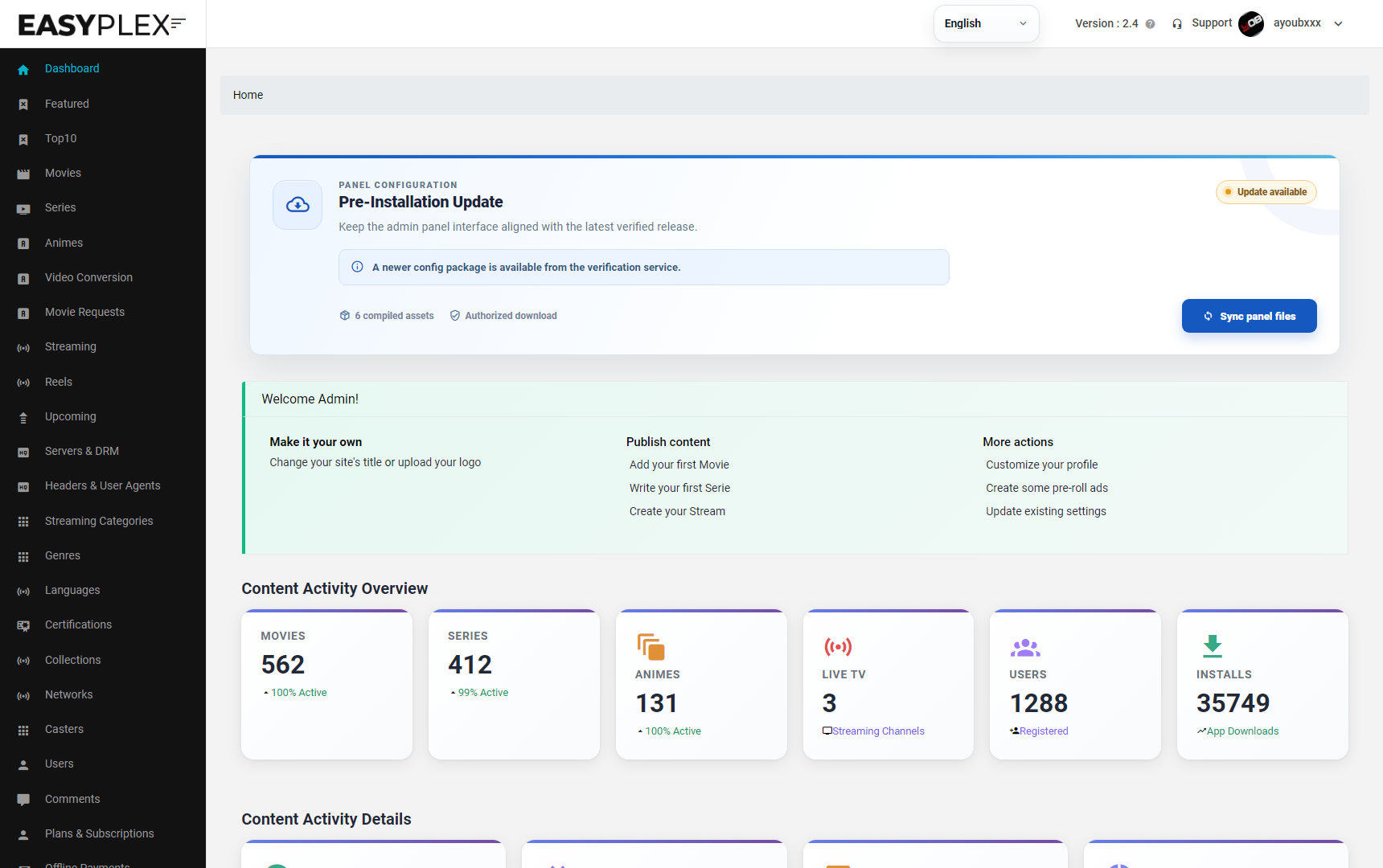 Current EasyPlex 2.4 administration dashboard