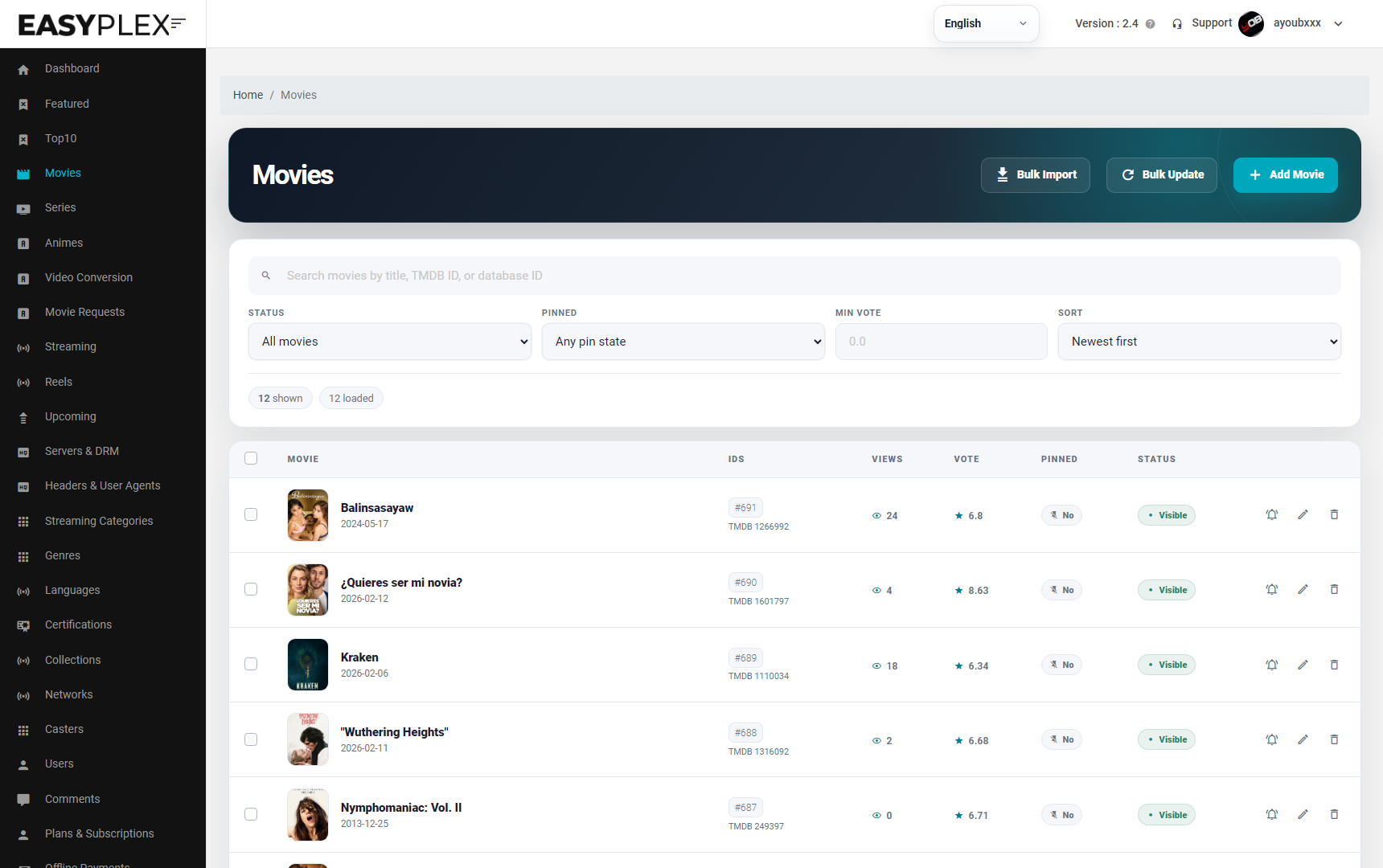 Current EasyPlex 2.4 movie-management workspace