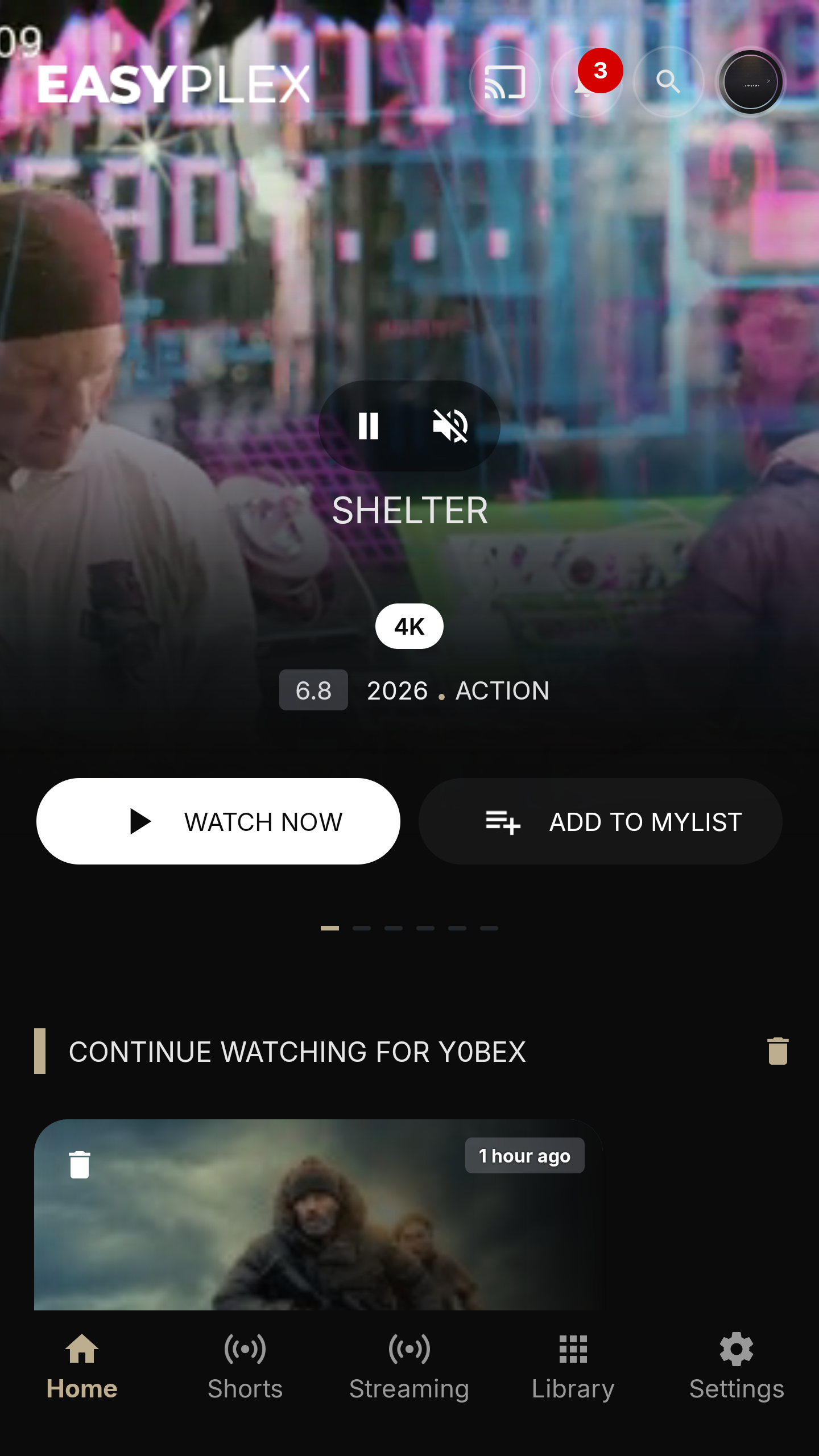 Current EasyPlex 2.4 Android home screen with featured content and continue watching
