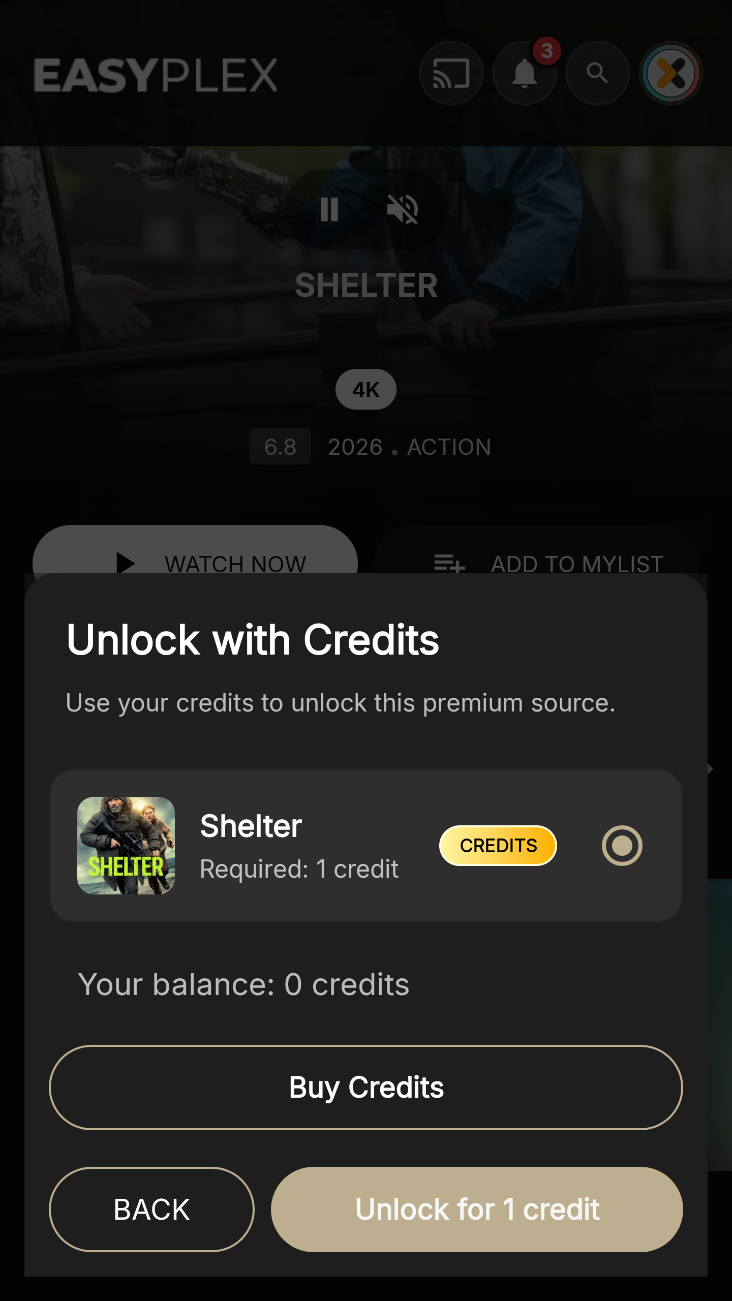Current EasyPlex 2.4 credit-based content unlock dialog